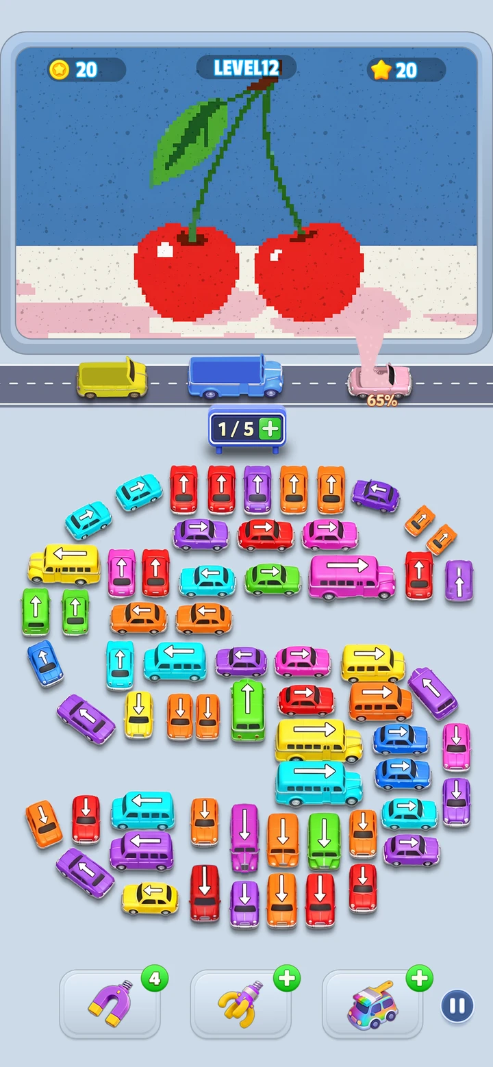 Jam Bus Sandfall store screenshot showing the sand picture above a road and a queue of colorful vehicles.