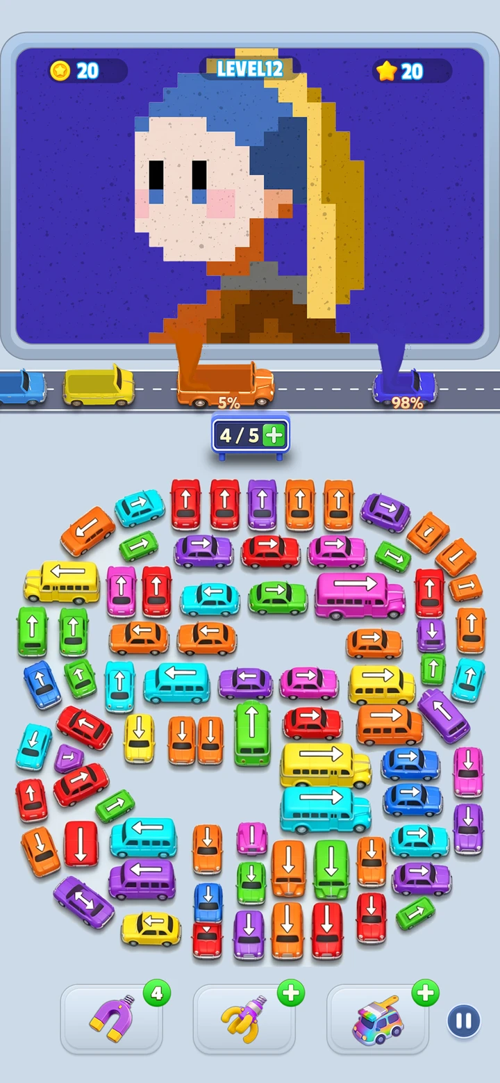 Jam Bus Sandfall store screenshot showing layered colored sand and vehicles waiting below the collection road.